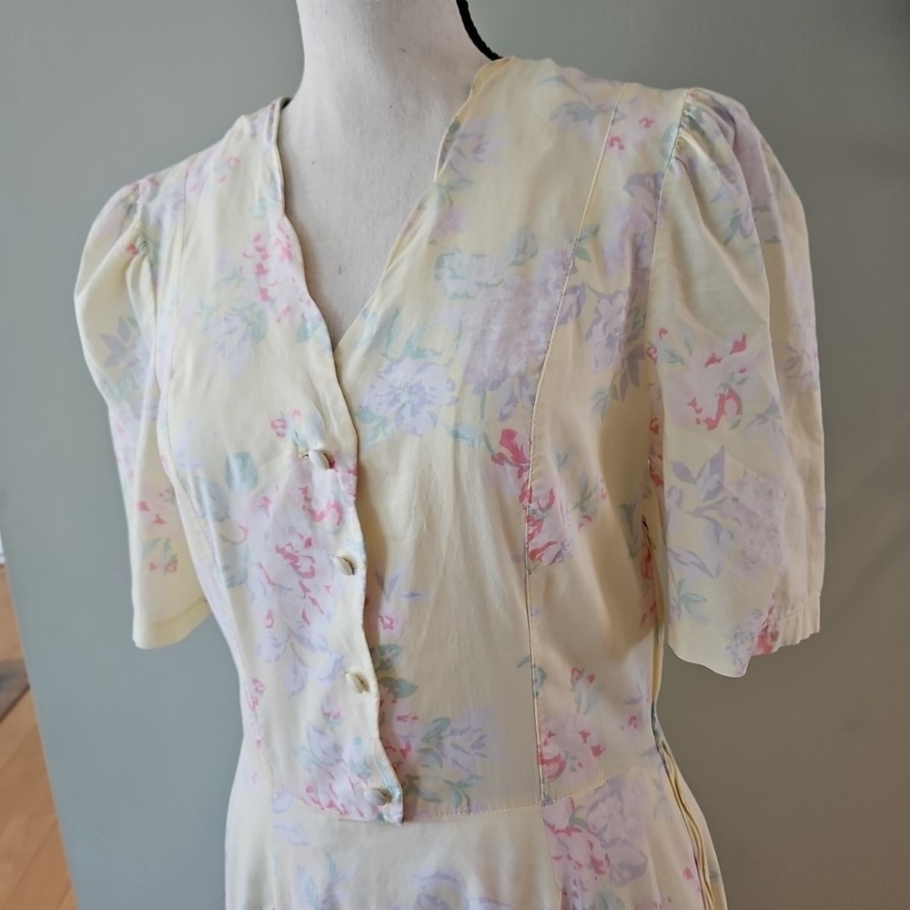 Vintage Style Yellow Floral Puff Sleeve Midi Dress Pastel Tea Party Cottagecore - Picture 3 of 8